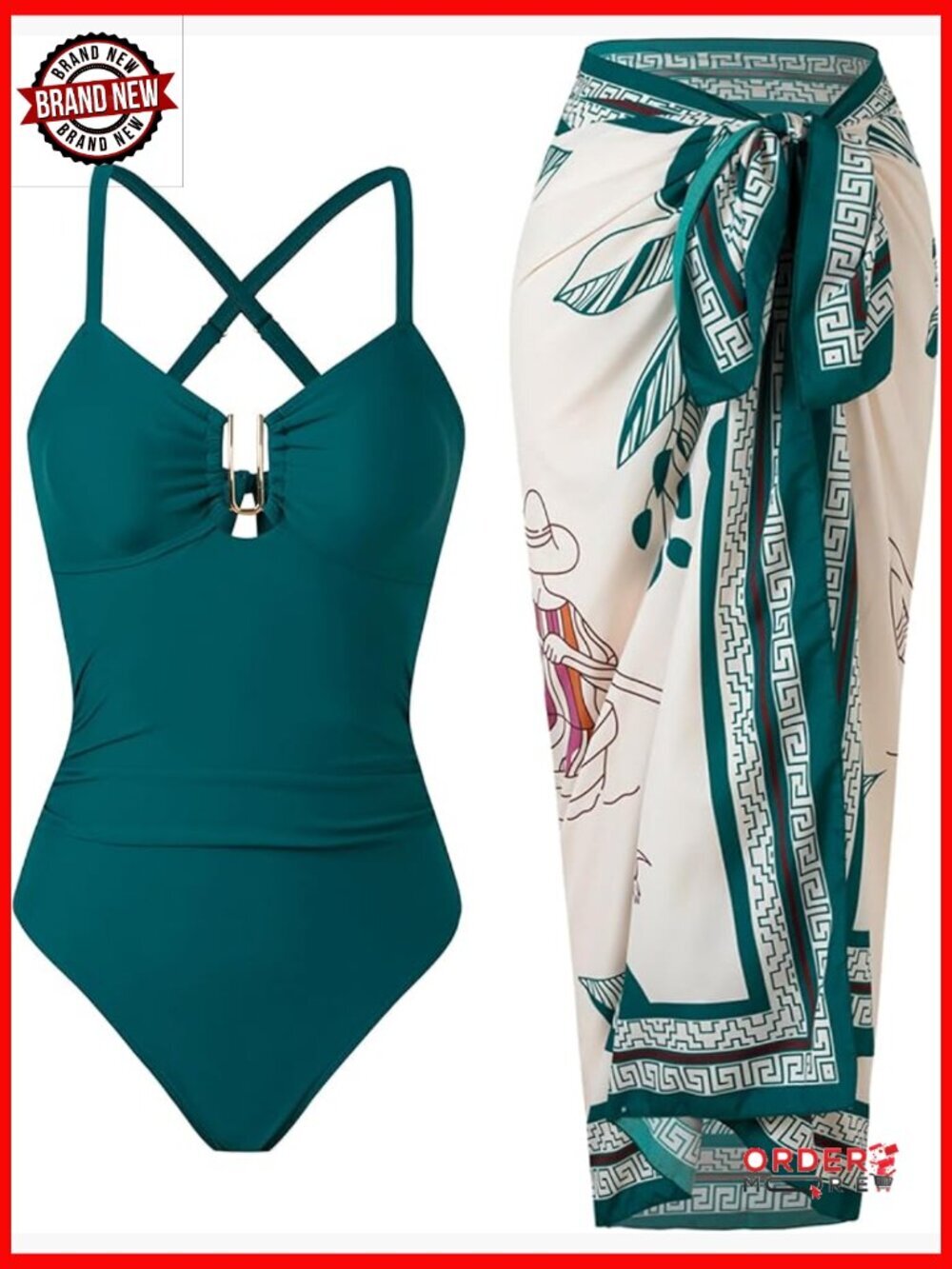 Women's One Piece Swimsuit with Cover Up Set Retro Tummy Control Beach Wrap